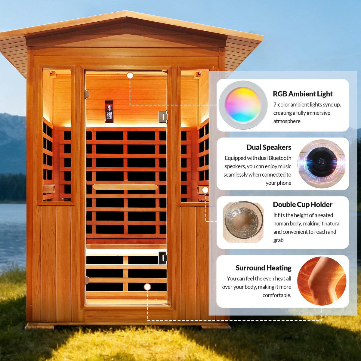 Outdoor Double Red Cedar Far Infrared Sauna Room with Bluetooth and Ambient Light - Natural