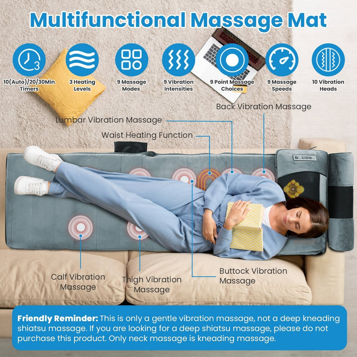 Full Body Electric Massage Mat Heating Vibration Massage Pad Cushion Back Massage Mattress Chair Pad with Neck massage Foot massage Head Pillow Inflat