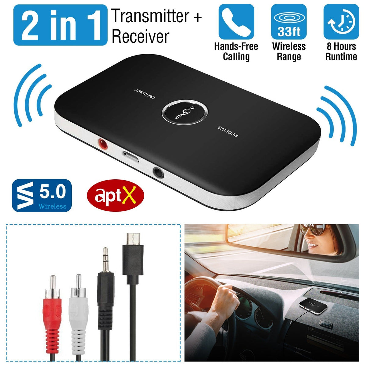 Wireless V5.0 Transmitter Receiver with aptX Low Latency 2-in-1 Wireless 3.5mm Audio Adapter for TV Headphones Speakers PC Sound System Car