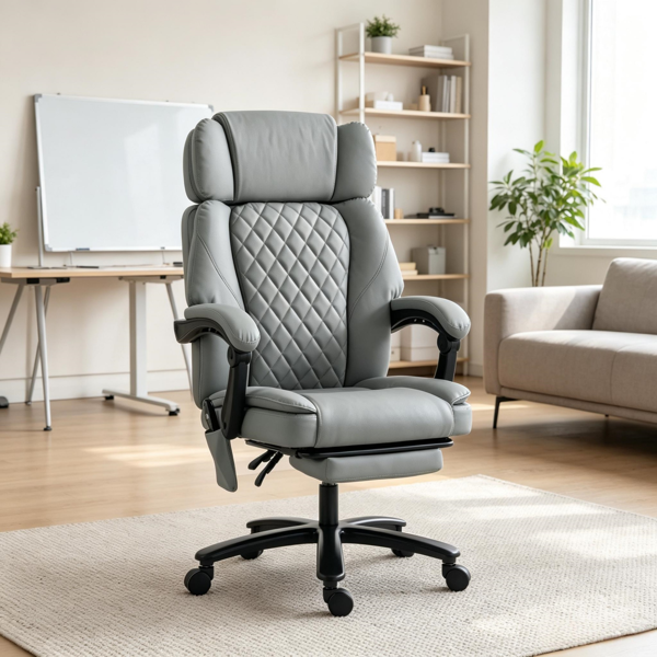 Massage Office Chair, 400lbs Capacity Desk Chair With Heat, Adjustable Headrest, Reclining & Footrest, Light Gray