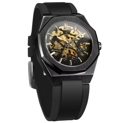 Casual Silver Hollow Skeleton Rubber-band Automatic Mechanical Watch