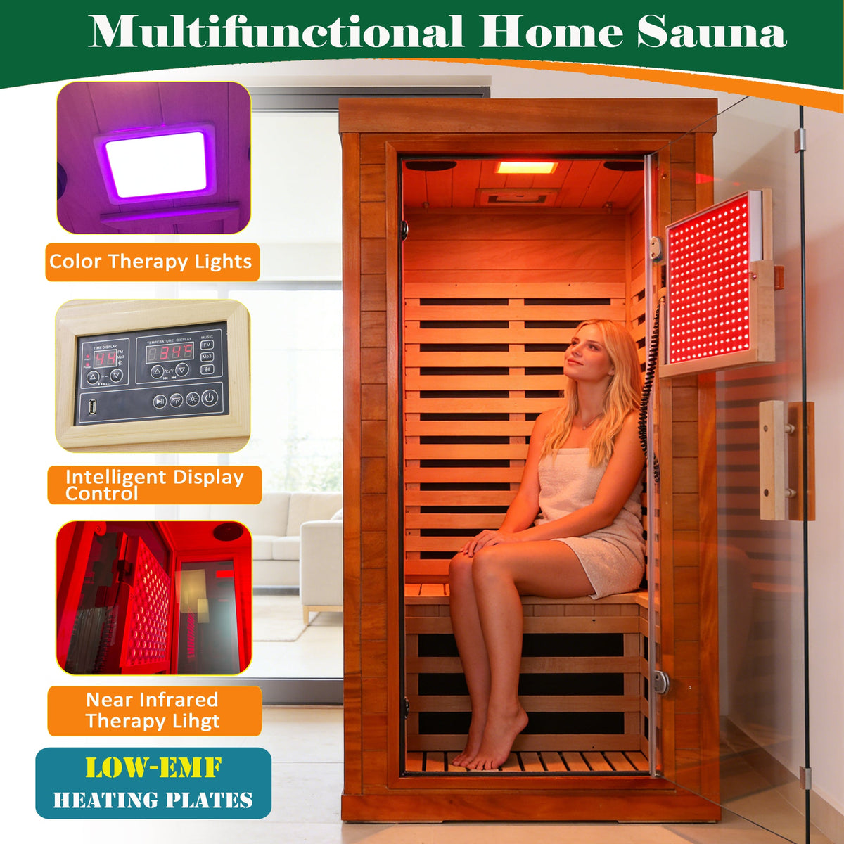 Infrared Sauna with Bluetooth Audio and Solid Wood Construction - Natural
