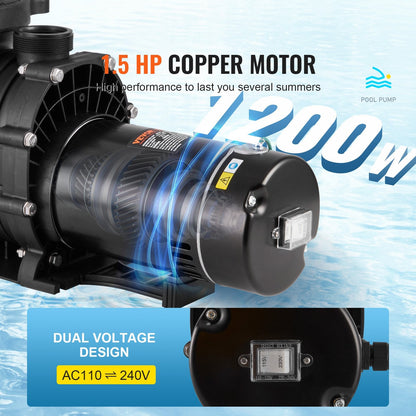 Above Ground Pool Pump, 1.5 HP, 100 GPM Single Speed Swimming Pool Pump, 110V/240V 3450 RPM 50.9 Ft Max Head Pool Pump With Filter Basket, For Above Ground Pools Hot Tubs Spas,Tested To UL Standards