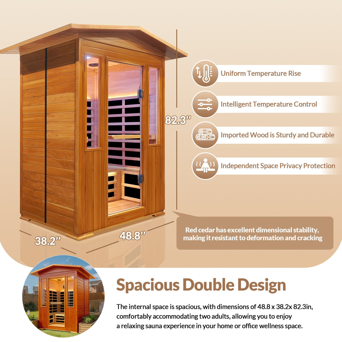 Outdoor Double Red Cedar Far Infrared Sauna Room with Bluetooth and Ambient Light - Natural
