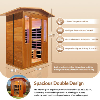 Outdoor Double Red Cedar Far Infrared Sauna Room with Bluetooth and Ambient Light - Natural