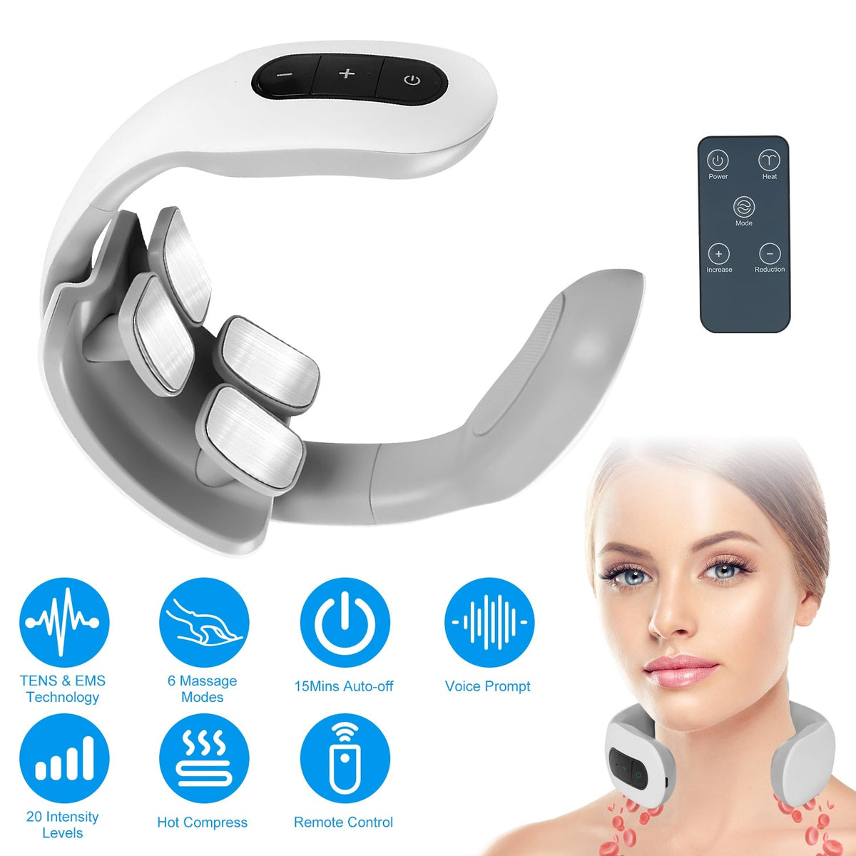 4 Head EMS Neck Massager with Heat Cordless Cervical Neck Massager EMS Neck Massager with 6 Modes 20 Intensity Levels Remote Control Voice Prompt