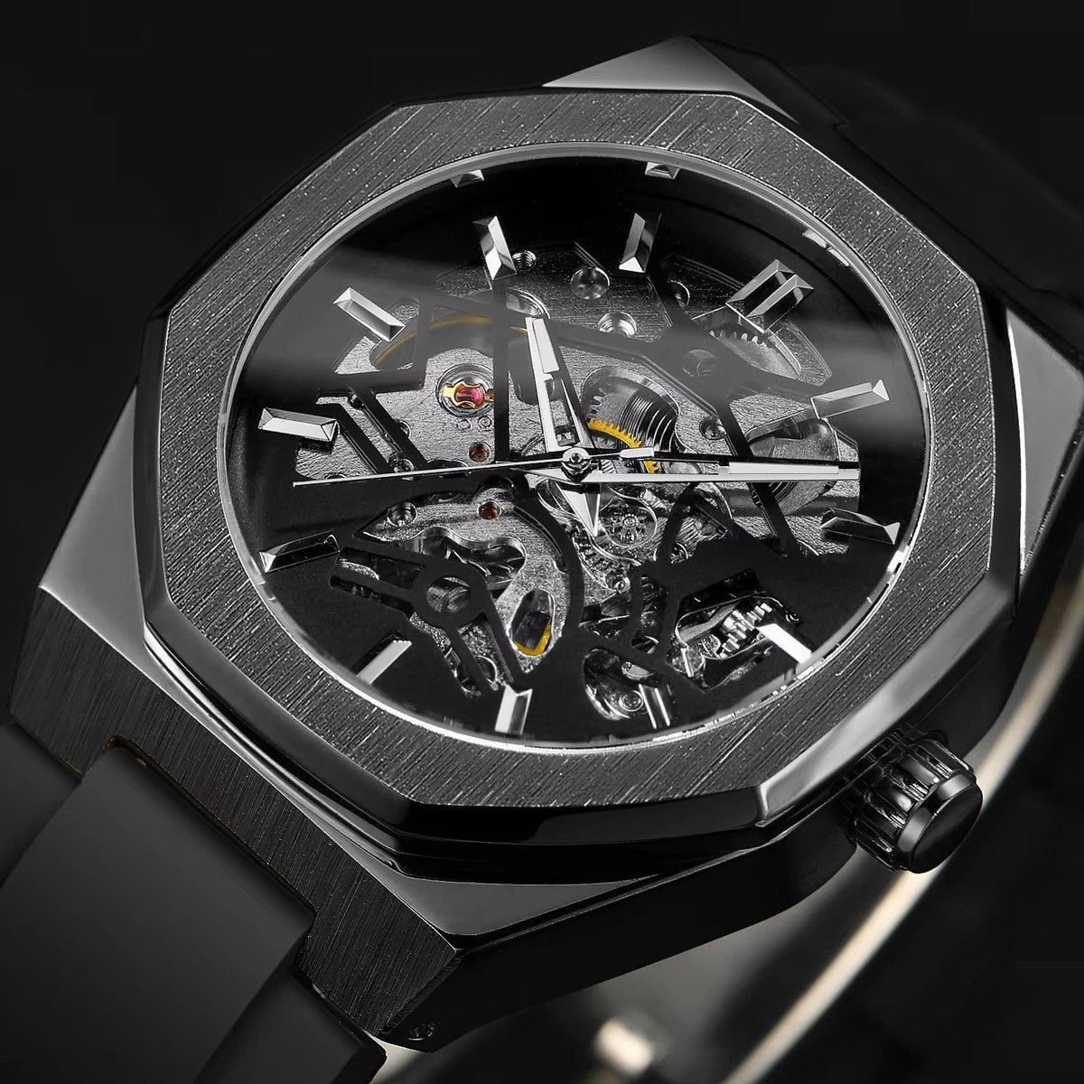 Casual Silver Hollow Skeleton Rubber-band Automatic Mechanical Watch