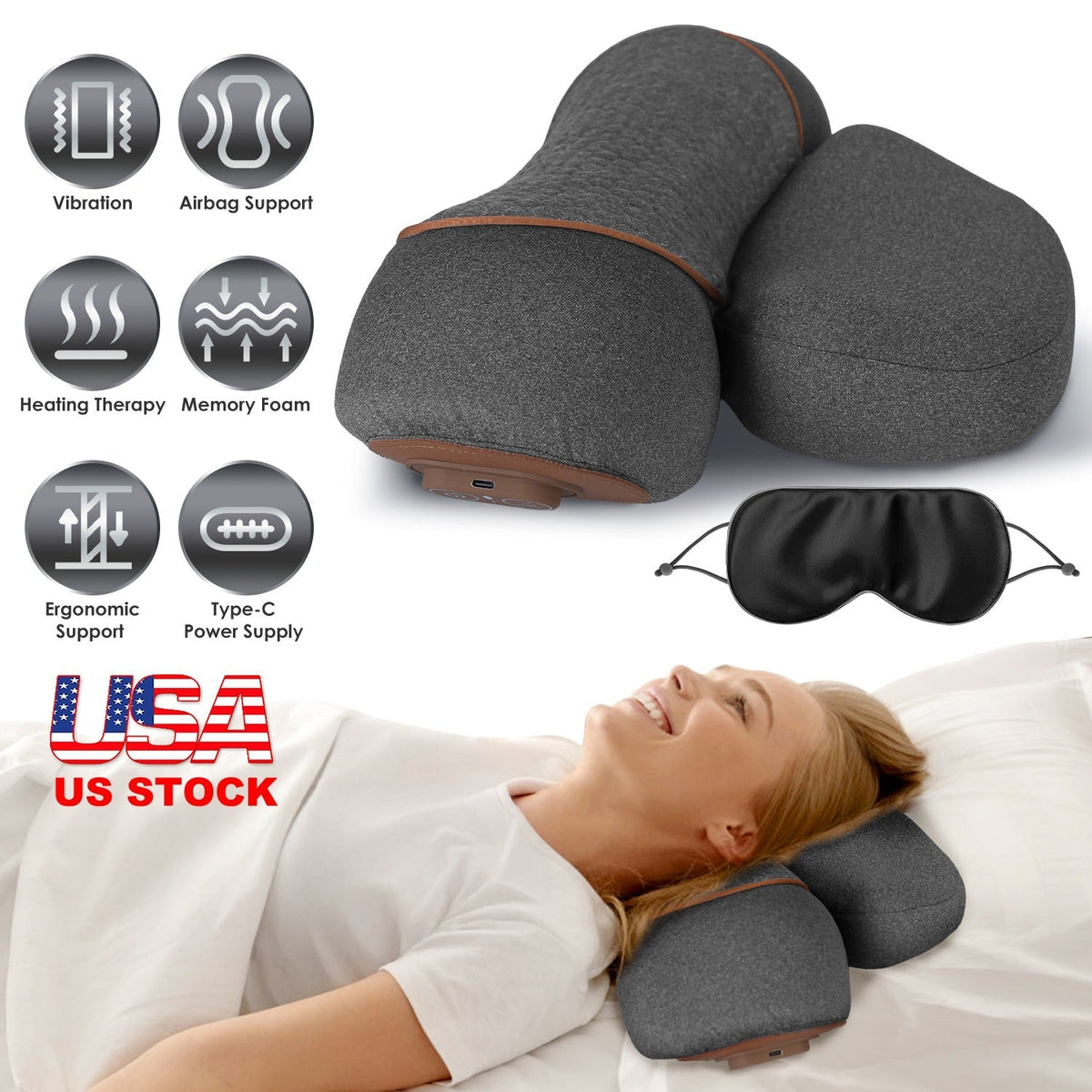 3 In 1 Neck Massager Pillow With Vibration Heating Therapy Airbag Stretching Memory Foam Fillings Ergonomic Cervical Massager With Portable Storage Ba