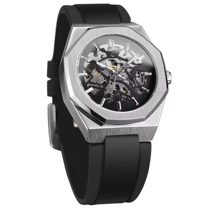 Casual Silver Hollow Skeleton Rubber-band Automatic Mechanical Watch