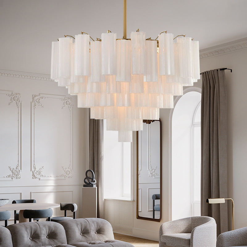 Tiered Frosted Glass Tube Chandelier — French Villa Style for Staircases & Foyers