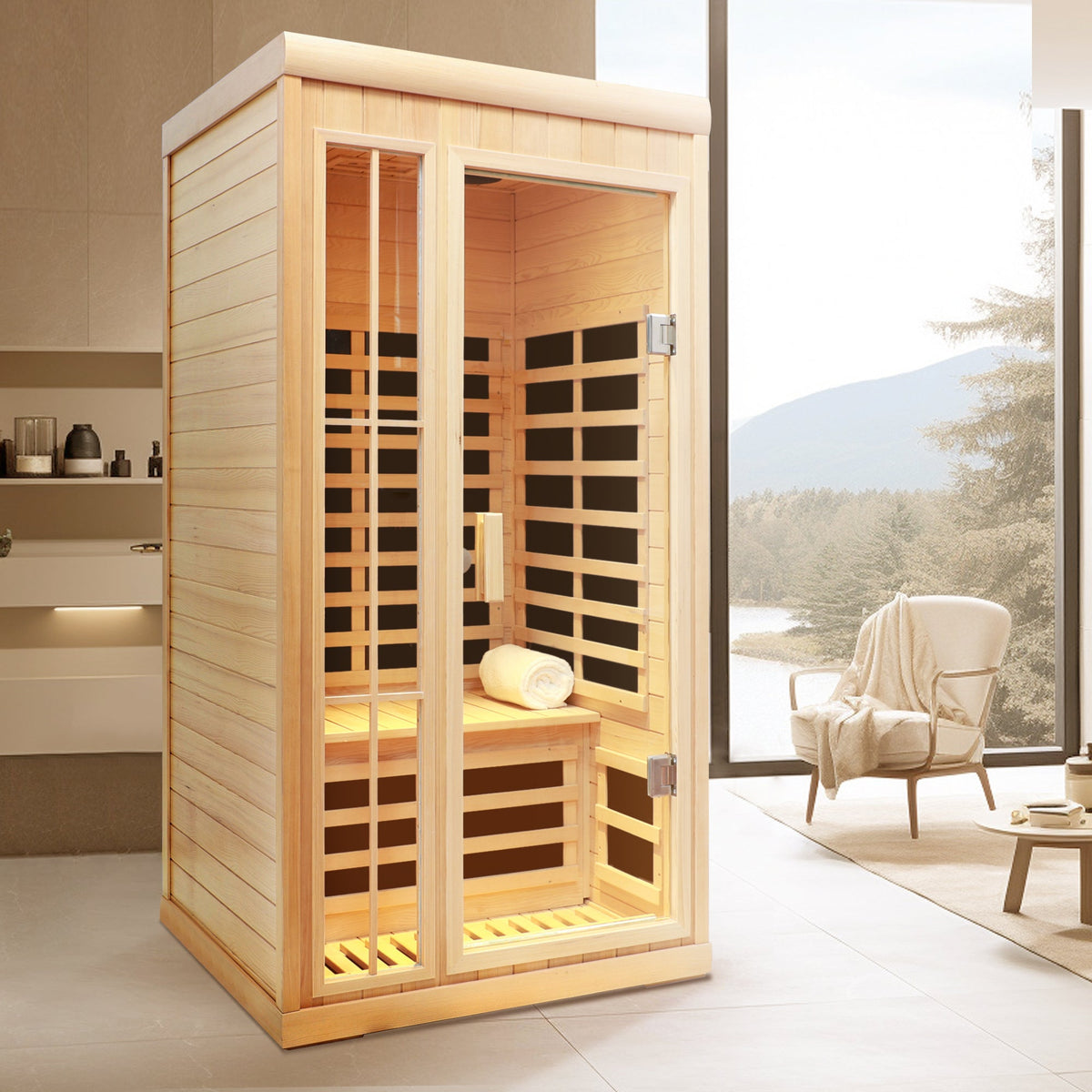 Deluxe One Person Far Infrared Hemlock Sauna Room with LED Lights - Hemlock
