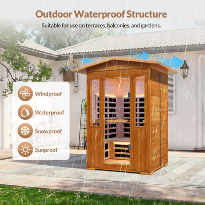 Outdoor Double Red Cedar Far Infrared Sauna Room with Bluetooth and Ambient Light - Natural