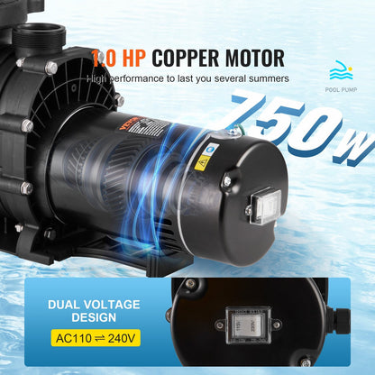 Above Ground Pool Pump, 1HP, 80 GPM Max. Flow Single Speed Swimming Pool Pump, 110V/240V 3450RPM 34.4ft Max. Head Pool Pump With Filter Basket, For Above Ground Pools Hot Tubs Spas