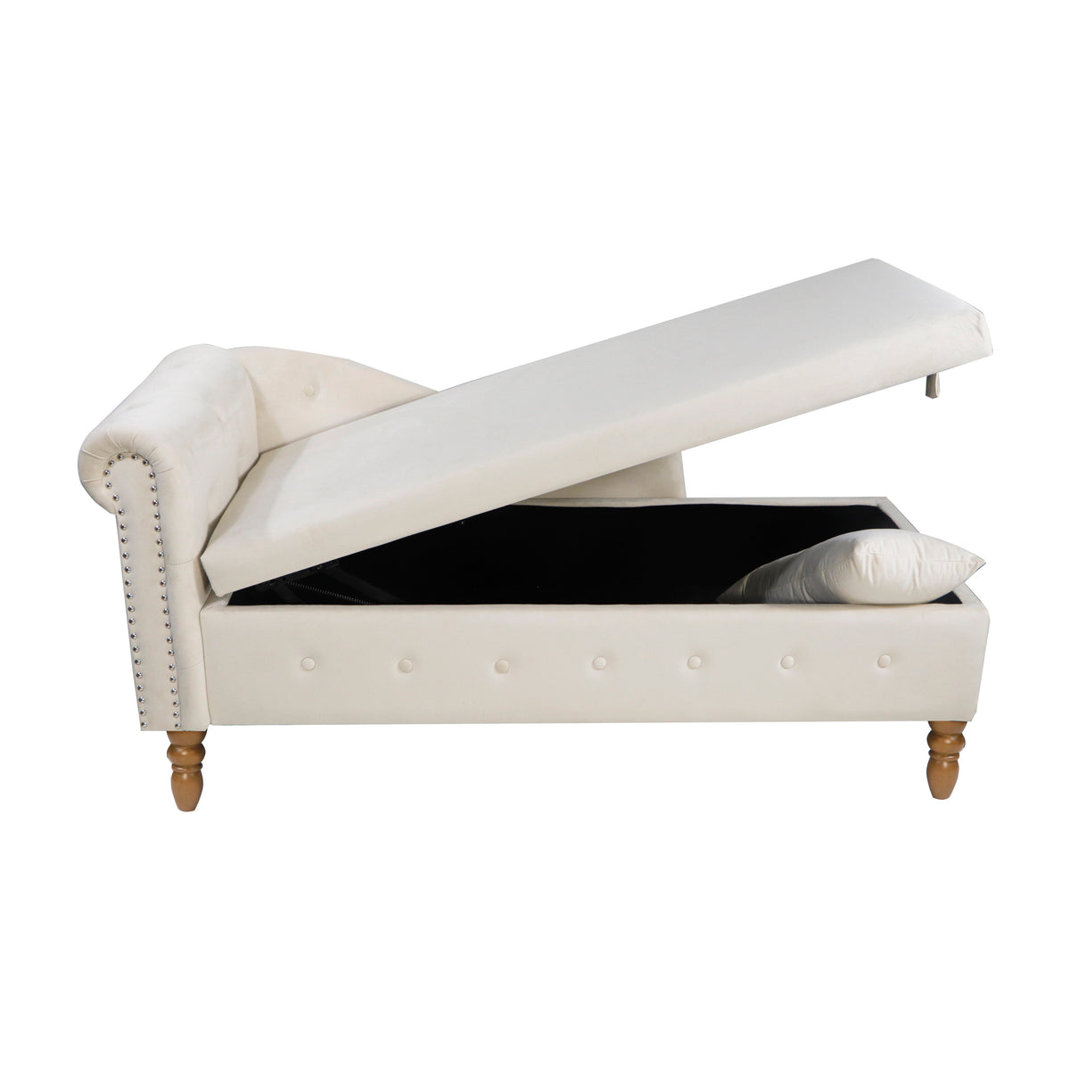 Beige Chaise Lounge Indoor Velvet Lounge Chair for Bedroom with Storage & Pillow Modern Upholstered Rolled Arm Chase Lounge