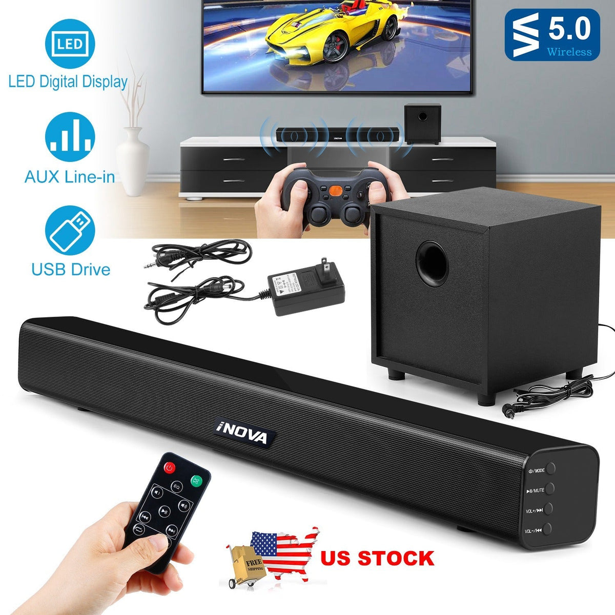 Wireless Soundbar with Subwoofer 2.1CH Audio Speaker For TV Aux USB Reading Soundbar Subwoofer Surround Sound Speaker System Home Theater