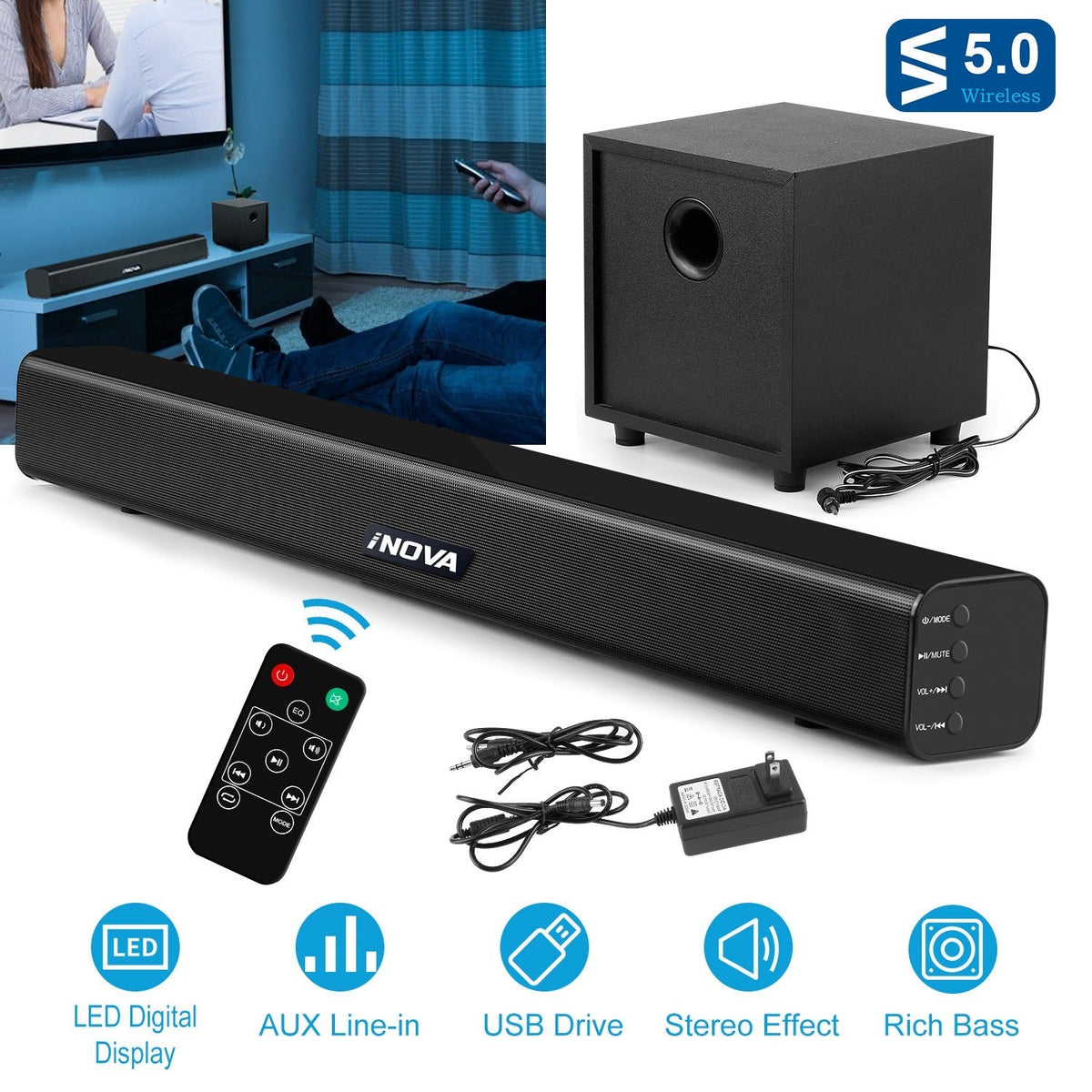 Wireless Soundbar with Subwoofer 2.1CH Audio Speaker For TV Aux USB Reading Soundbar Subwoofer Surround Sound Speaker System Home Theater