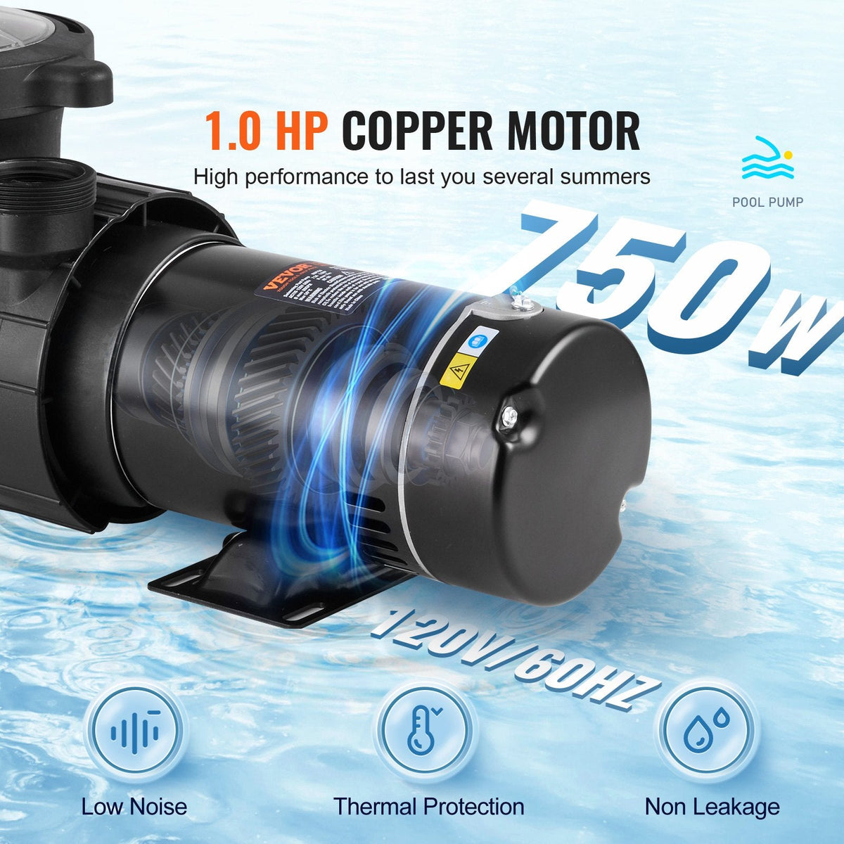 Above Ground Pool Pump, 1HP, 80 GPM Max. Flow Single Speed Swimming Pool Pump, 120V 3450 RPM 36 Ft Max. Head Lift Pool Pump With Filter Basket, For Above Ground Pools Hot Tubs Spas