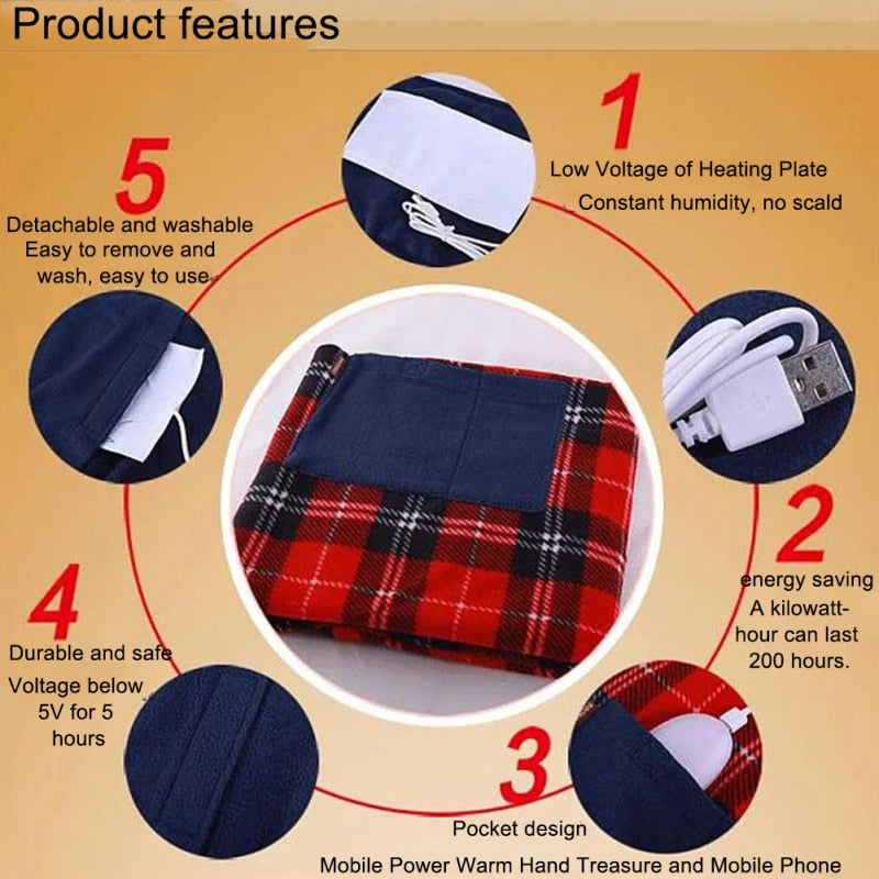Portable USB Electric Heated Blanket Car Office Use Warm Blanket Heater With Pocketed Winter Home Baby Polyster Carpet 88x65cm