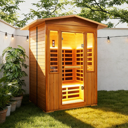 Outdoor Double Red Cedar Far Infrared Sauna Room with Bluetooth and Ambient Light - Natural