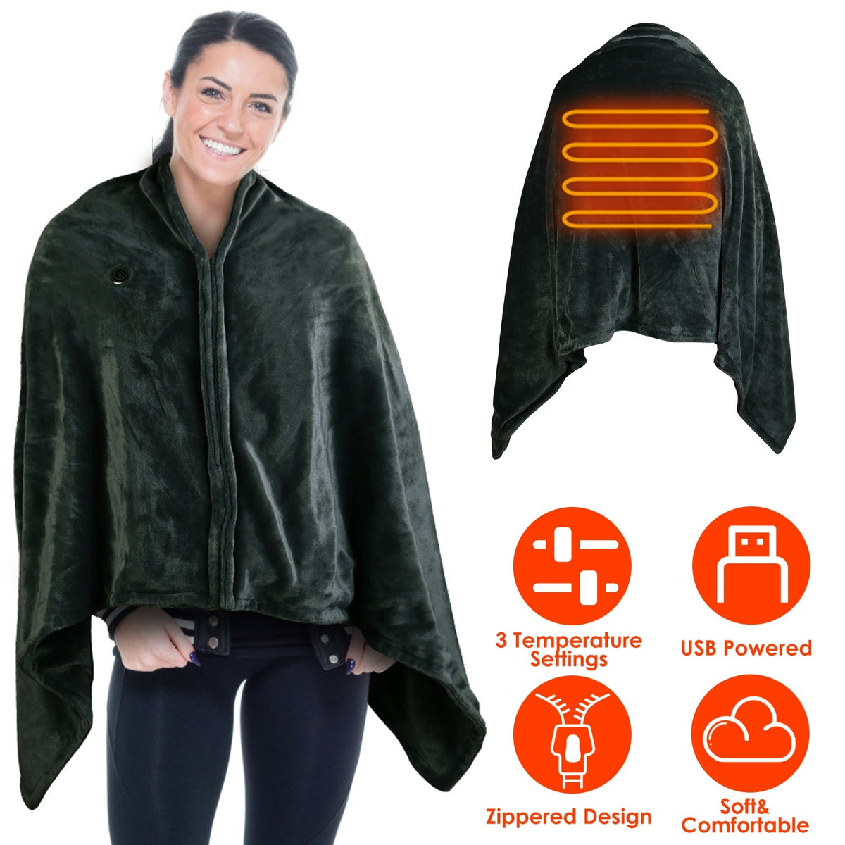 USB Heated Blanket Electric Heated Blanket Heated Poncho Shawl Wrap Throw with Zipper Washable for Home Office 59*31in