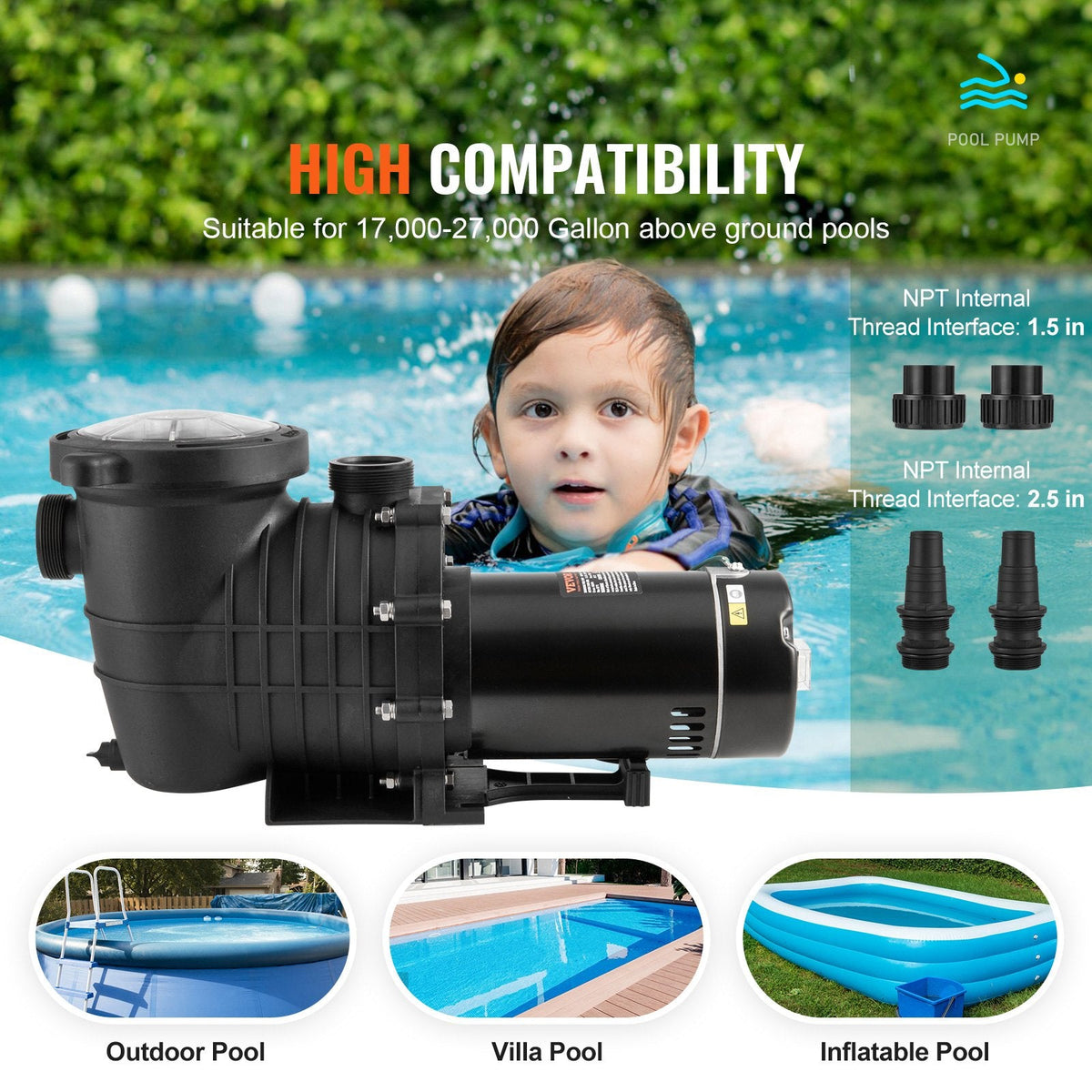 Above Ground Pool Pump, 1HP, 80 GPM Max. Flow Single Speed Swimming Pool Pump, 110V/240V 3450RPM 34.4ft Max. Head Pool Pump With Filter Basket, For Above Ground Pools Hot Tubs Spas