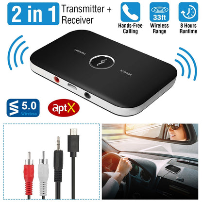 Wireless V5.0 Transmitter Receiver with aptX Low Latency 2-in-1 Wireless 3.5mm Audio Adapter for TV Headphones Speakers PC Sound System Car