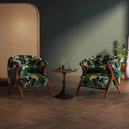 Barrel Back Lounge Chair — Patterned Fabric Accent Chair with Wood Frame