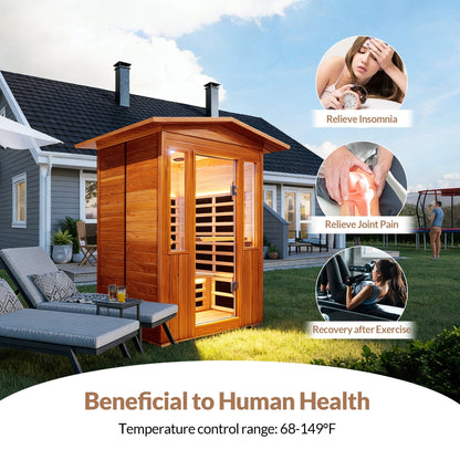 Outdoor Double Red Cedar Far Infrared Sauna Room with Bluetooth and Ambient Light - Natural