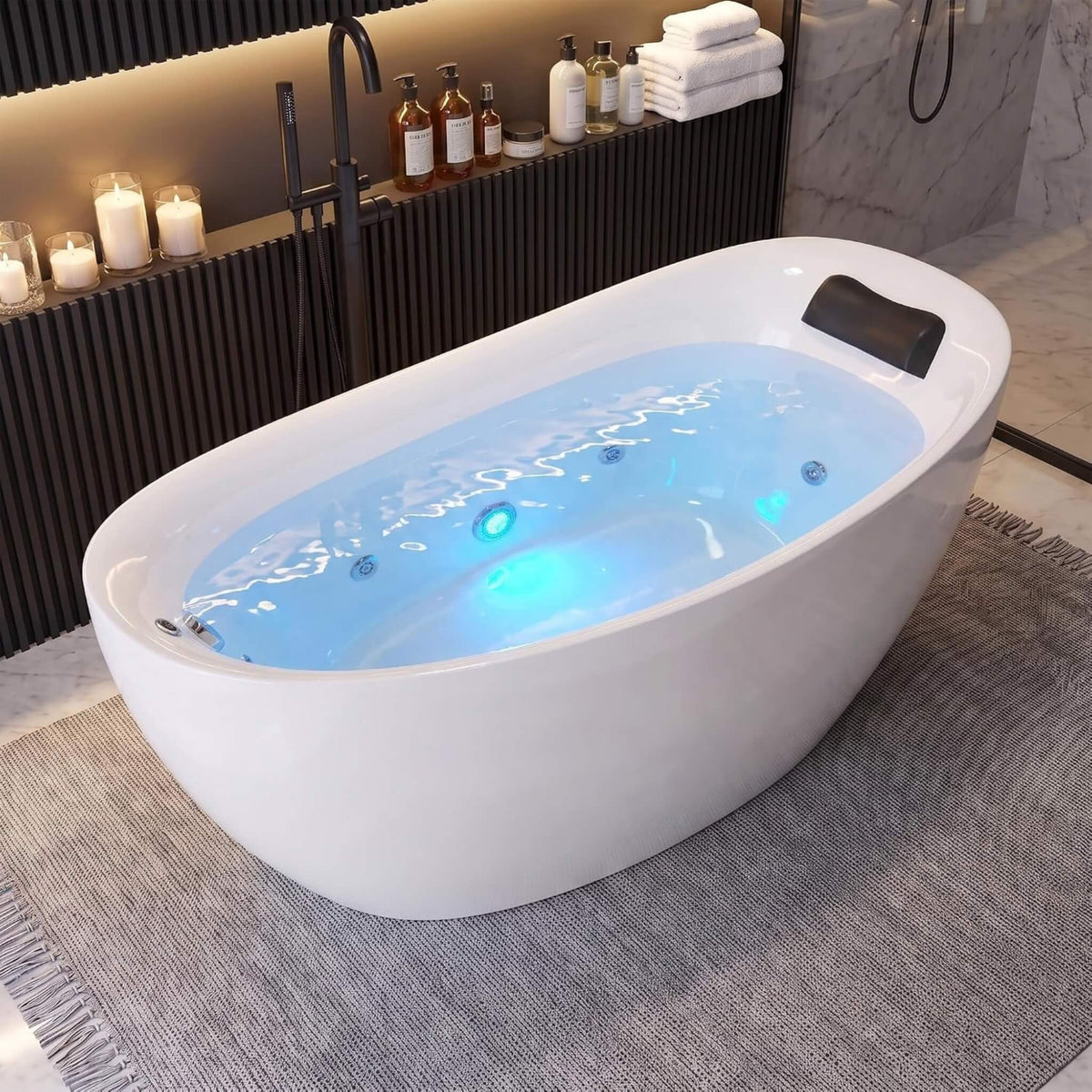 Elaris 71-Inch Acrylic High-Back Oval Whirlpool Tub With 6 Jets LED Light And Gel Pillow (SAK21370)
