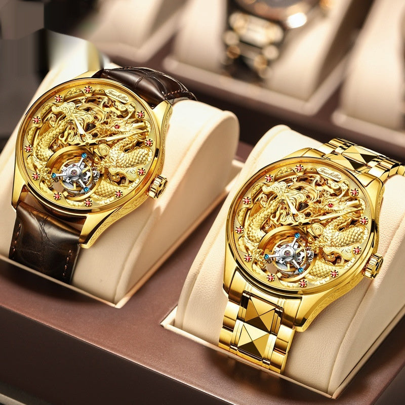 Mens Water-Resistant Mechanical Watch With Hollowed-Out Design And Steel Strap