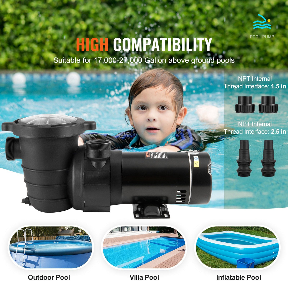 Above Ground Pool Pump, 1HP, 80 GPM Max. Flow Single Speed Swimming Pool Pump, 120V 3450 RPM 36 Ft Max. Head Lift Pool Pump With Filter Basket, For Above Ground Pools Hot Tubs Spas