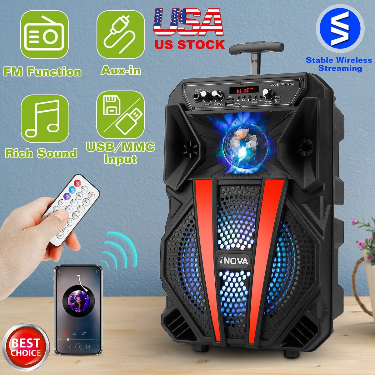 8Ó Wireless Party Speaker Subwoofer Bass Portable TWS Party Speaker w/ Microphone Support FM Radio Remote Control MMC Car Slot LED Colorful Lights