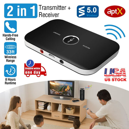 Wireless V5.0 Transmitter Receiver with aptX Low Latency 2-in-1 Wireless 3.5mm Audio Adapter for TV Headphones Speakers PC Sound System Car