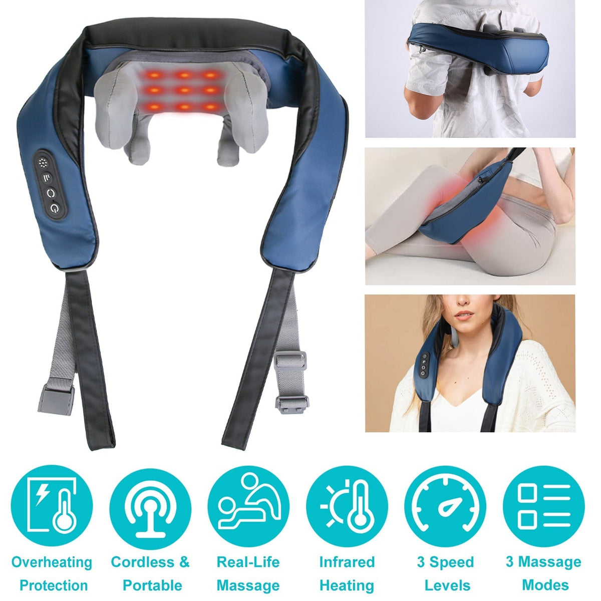 Electric Neck Shoulder Massager with Infrared Light Heating 3 Massage Modes Speeds Kneading Grasping Shiatsu Massage Pillow For Back Arms Thighs Relea