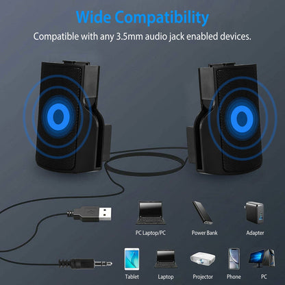Clip-On Computer Sound Bar Portable USBÊStereo Mini Wired Speaker w/ Volume Control 3.5mm Jack For Desktop Computer Laptop Notebook PC Tablets Plug An