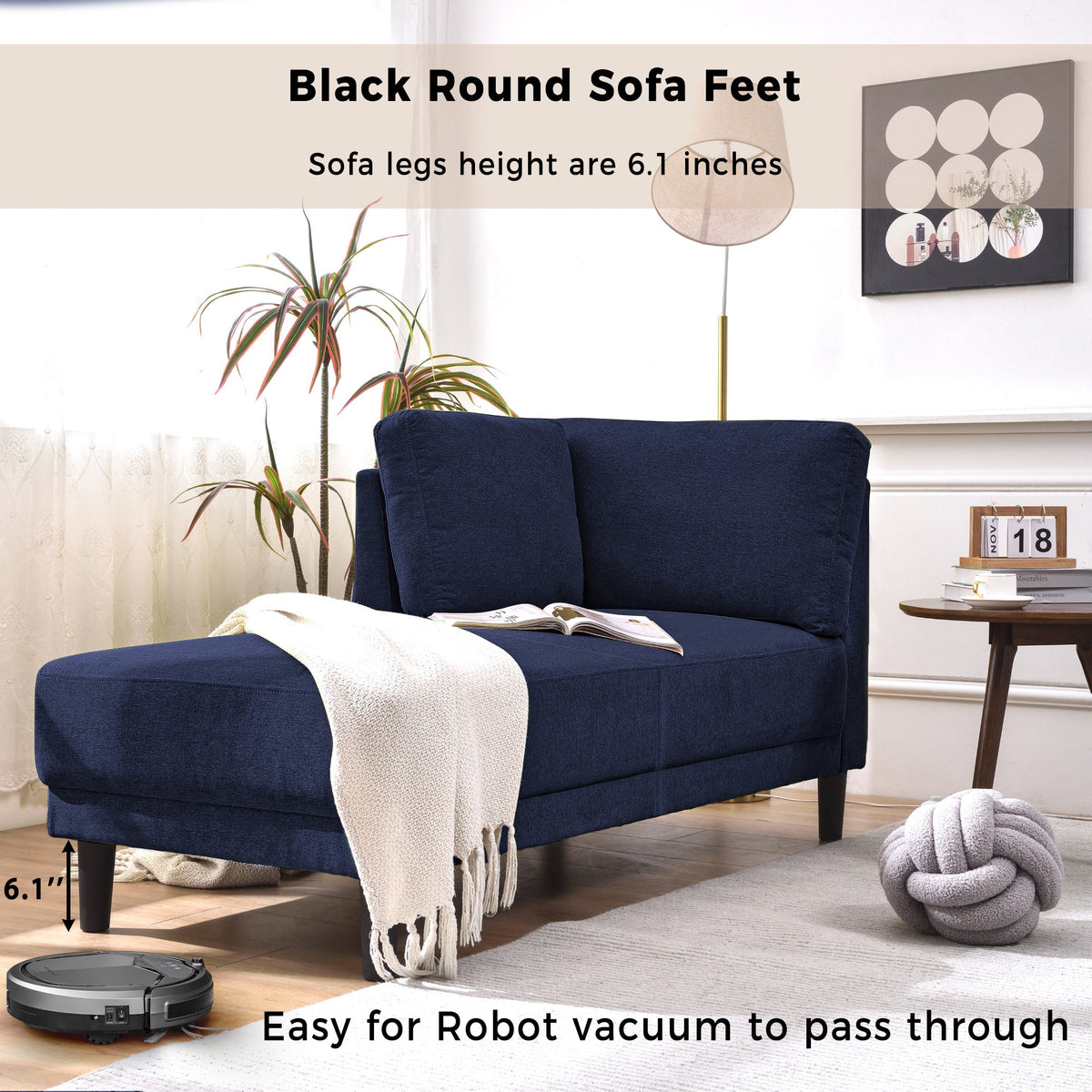 65" Mid-Century Modern Linen Fabric Corner Lounge Chair, Upholstered Indoor Chaise Lounge Solid Wood Sofa Bed for Bedroom