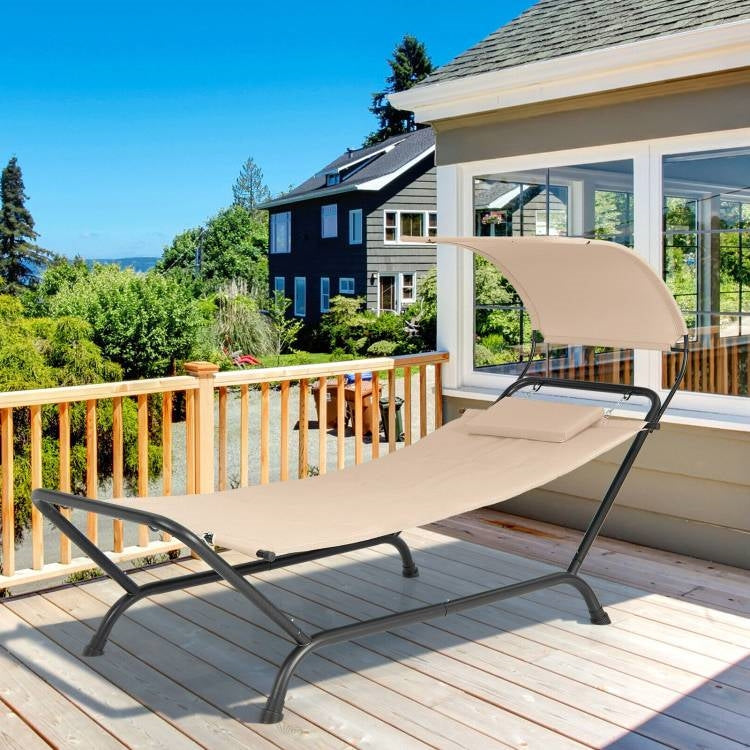 Beige Polyester Chaise Lounge Chair Hammock with Canopy and Storage Bag