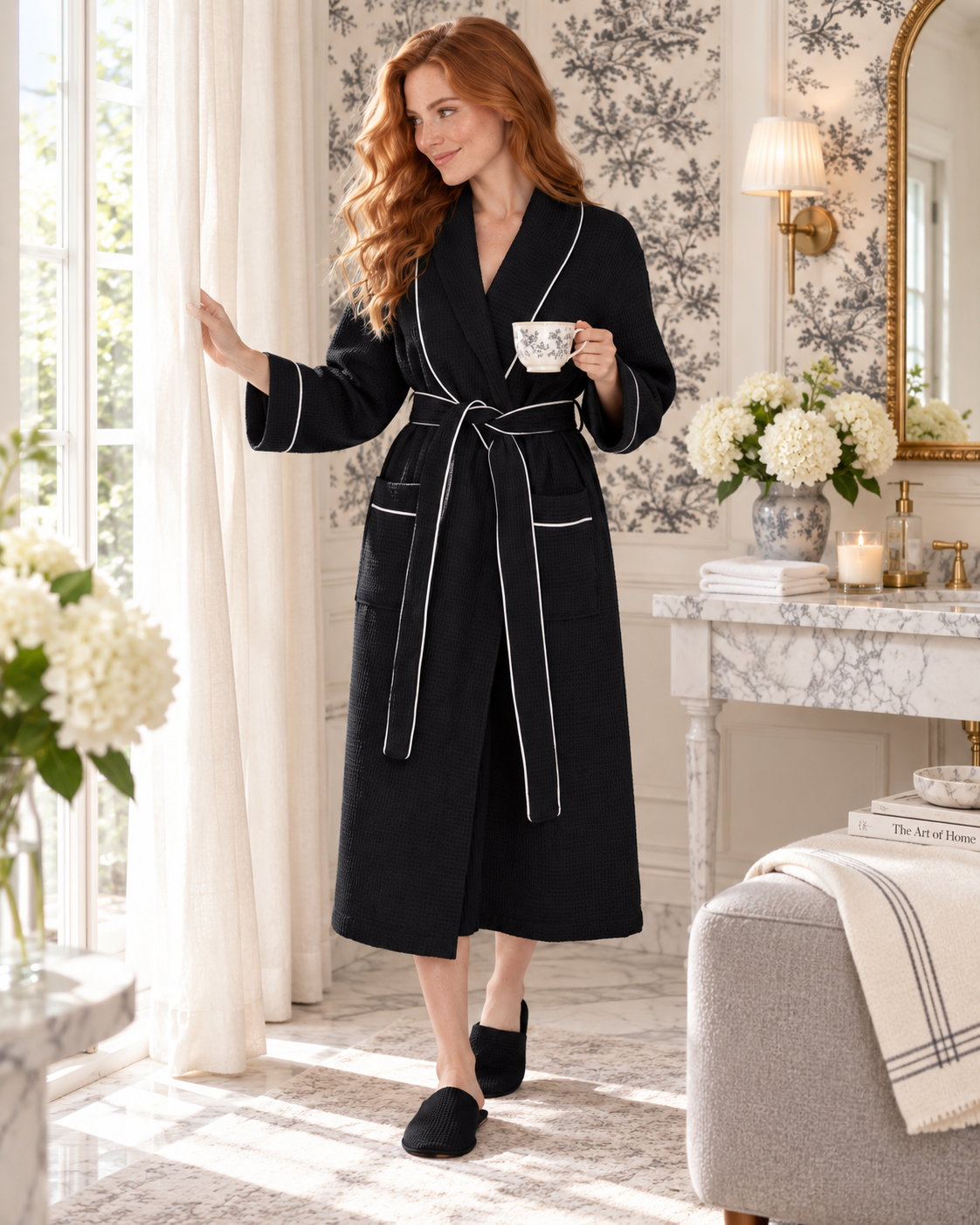 Women’s Waffle Piping Bathrobe – Lightweight Spa-Style Comfort