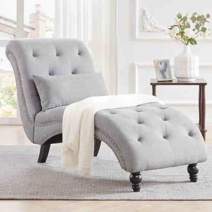 Grey Linen Upholstered Armless Chaise Lounge Chair with Pillow