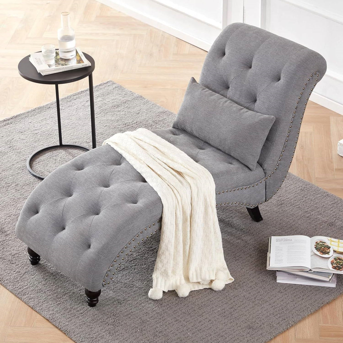 Grey Linen Upholstered Armless Chaise Lounge Chair with Pillow