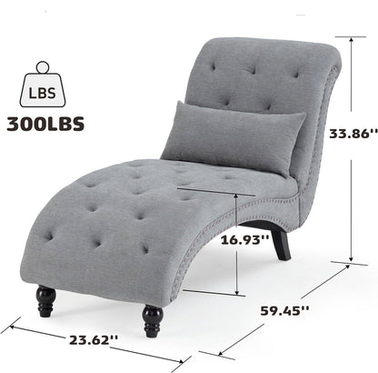 Grey Linen Upholstered Armless Chaise Lounge Chair with Pillow