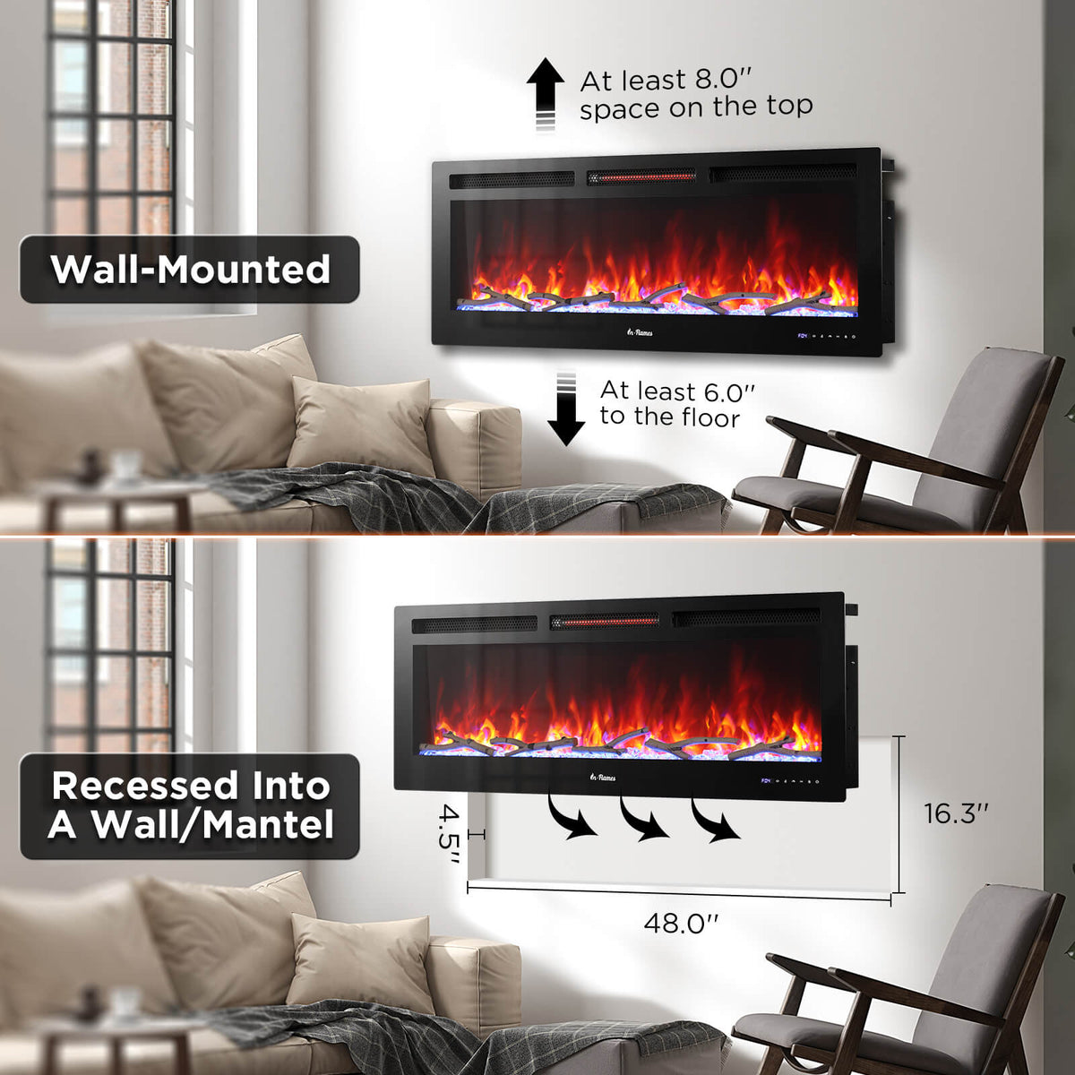 In Flames INF50W-3D WiFi Smart Wall Mounted Electric Fireplace - Tempered Glass
