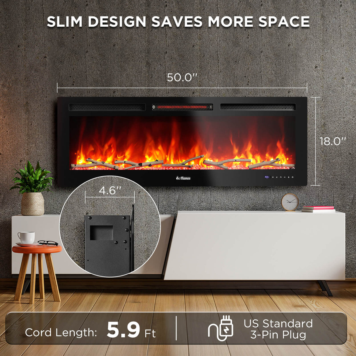 In Flames INF50W-3D WiFi Smart Wall Mounted Electric Fireplace - Tempered Glass