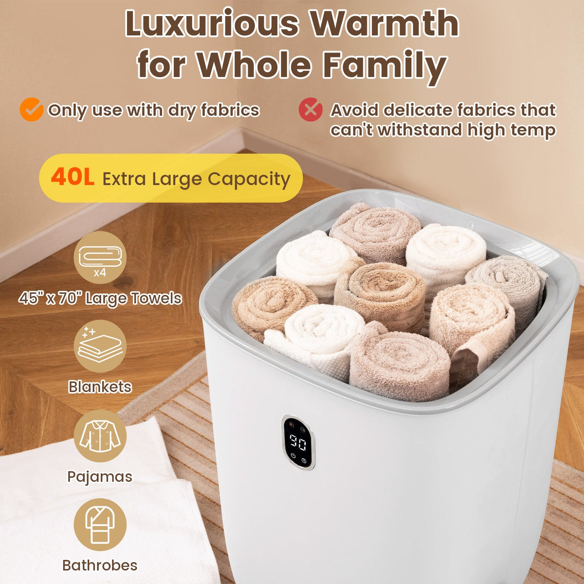 40L Towel Warmer Luxury Hot Towel Bucket with 2 Heating Temperatures-White