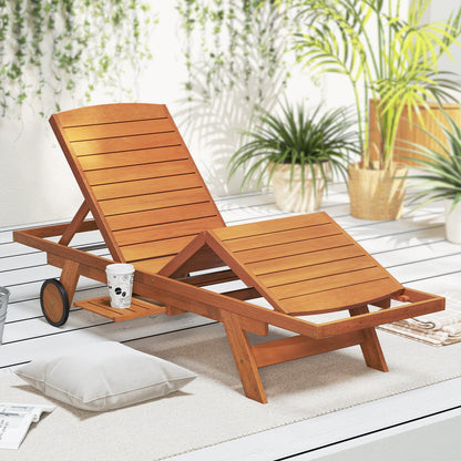 Outdoor Chaise Lounge Chair with Wheels 4-Position Patio Wood Recliner with Adjustable Backrest