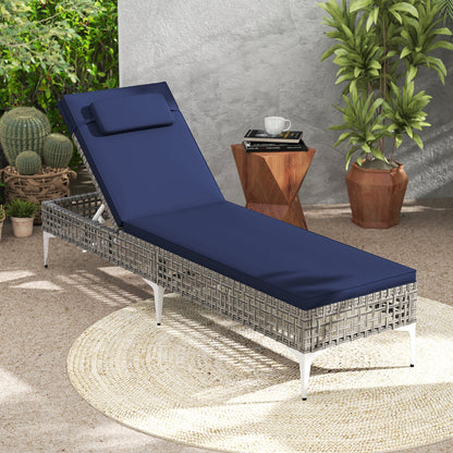 Patio Chaise Lounge Chair with 6-Level Adjustable Backrest and Headrest for Poolside-Navy