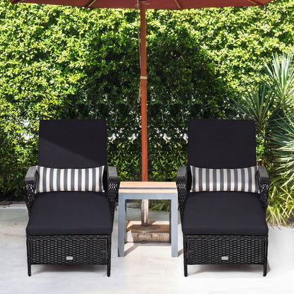 Patio Wicker Chaise Lounge Chair with Pillow and Adjustable Backrest with Cushion-Black