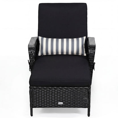 Patio Wicker Chaise Lounge Chair with Pillow and Adjustable Backrest with Cushion-Black