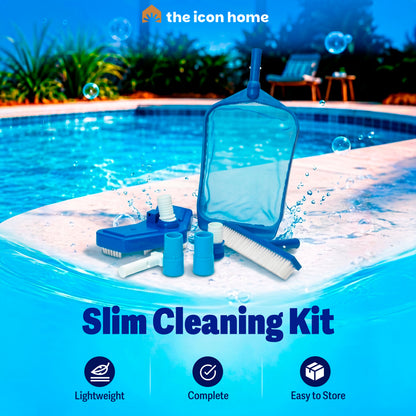 Slim Pool Cleaning Accessory Kit – Brustec Set with Leaf Skimmer with Reinforced Mesh, Weighted Vacuum Head & Wall Brush fo Vinyl, Fiberglass, Concrete Pools, In-Ground & Above Ground, Hot Tub/Spa, Fits Standard Poles & Hoses