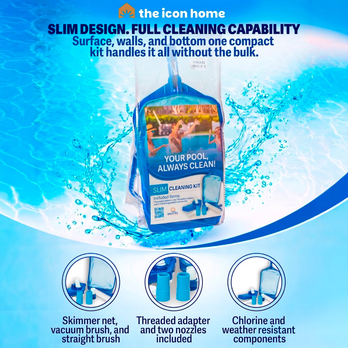 Slim Pool Cleaning Accessory Kit – Brustec Set with Leaf Skimmer with Reinforced Mesh, Weighted Vacuum Head & Wall Brush fo Vinyl, Fiberglass, Concrete Pools, In-Ground & Above Ground, Hot Tub/Spa, Fits Standard Poles & Hoses